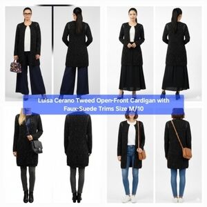 Luisa Cerano Tweed Open-Front Cardigan with Faux-Suede Trims Size M/10